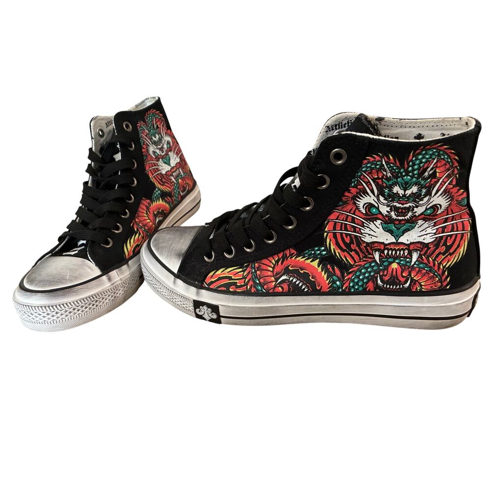 Affliction Flame & Fable Hi-Top Sneakers Black Tiger Dragon Men 5.5 Women 7